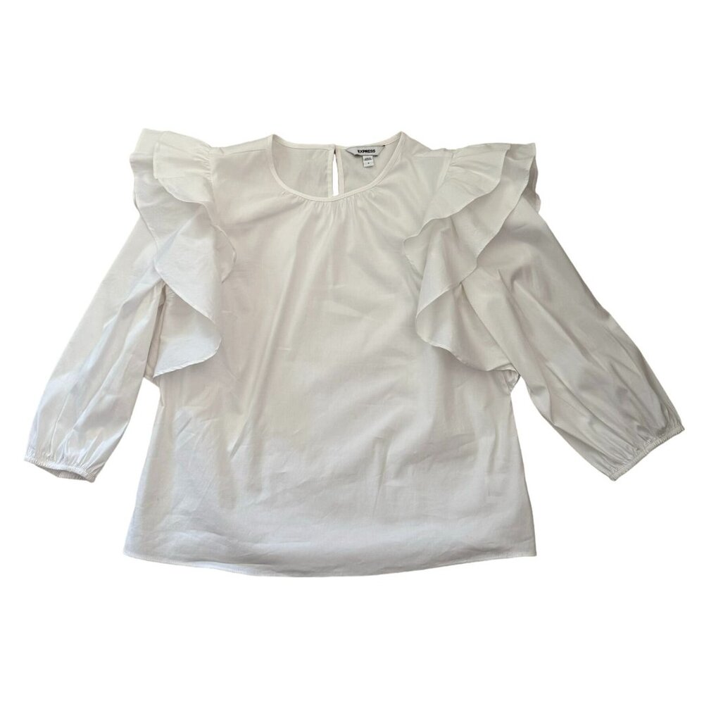 Y2K Express Womens Sz Small White Ruffle 3/4 Sleeve Blouse Feminine Cottage Core - Picture 9 of 10